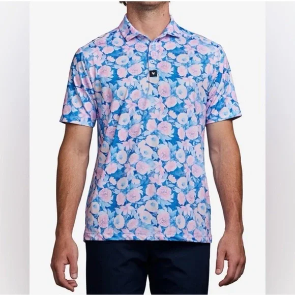 BAD BIRDIE Coachella Floral Print Blue Pink Golf Easter Men’s Size XL Polo Shirt - Picture 9 of 9
